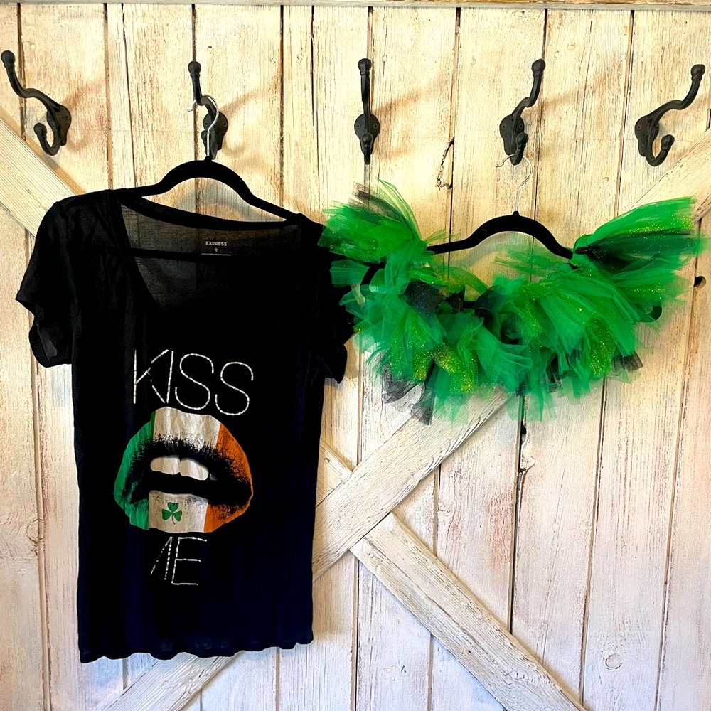 St Patrick’s Irish outfit with Kiss Me L shirt and green tutu w/ sparkles! Patty